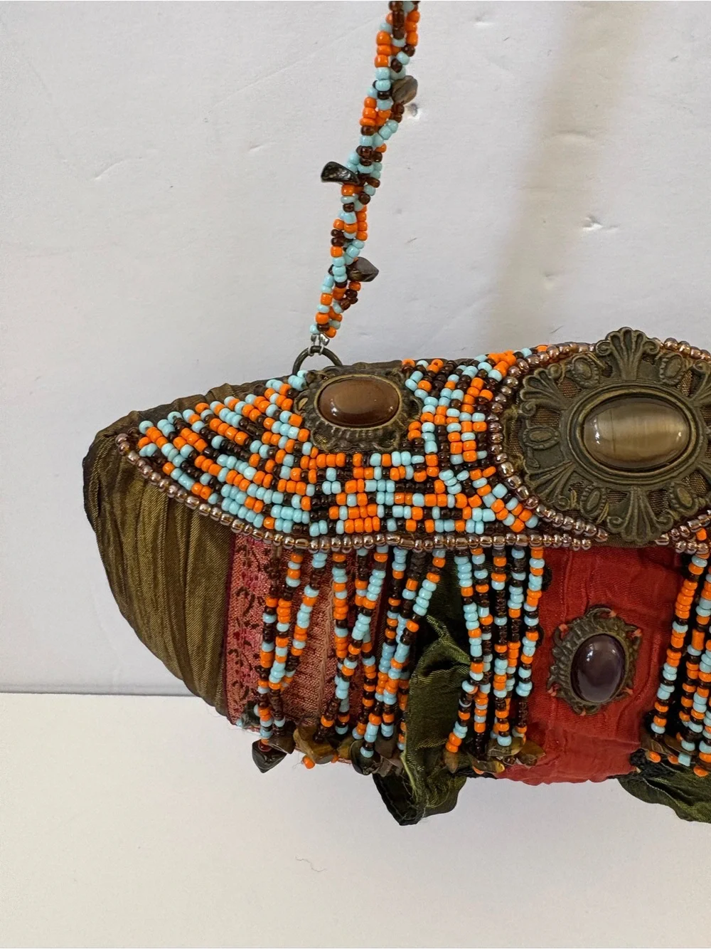 VNTG Mary Frances‎ Ember Oracle Beaded Ruffle Clutch Bag Artsy Brown Satin Fairy